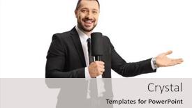  Presentation with microphone - PPT theme featuring cheerful-man-with-a-microphone background and a light gray colored foreground