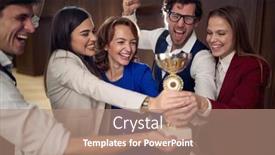  Presentation with hotel team - Slide deck with cheerful-manager-and-a-team background and a coral colored foreground