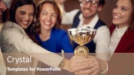  Presentation with hotel team - Presentation featuring cheerful-manager-and-team-holding background and a coral colored foreground