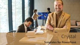  Presentation with corporation - PPT theme having cheerful-mature-director-of-business background and a yellow colored foreground