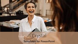  Presentation with art gallery - Presentation theme with cheerful-mature-grey-haired-woman background and a coral colored foreground