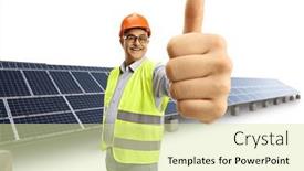  Presentation with photovoltaic - Slide deck featuring cheerful-mature-male-engineer-showing background and a soft green colored foreground