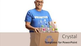  Presentation with plastic recycling - Presentation theme enhanced with cheerful-mature-man-volunteer-holding background and a coral colored foreground