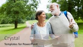  Presentation with country - Beautiful presentation theme featuring cheerful mature travelers moving down country road backdrop and a soft green colored foreground