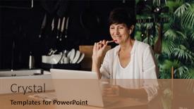  Presentation with mature students sitting at desks - Theme featuring cheerful-mature-woman-in-earphones background and a coral colored foreground