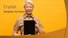  Presentation with points - Theme with cheerful-mature-woman-with-short background and a yellow colored foreground