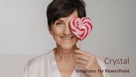  Presentation with lollipop - PPT layouts having cheerful-mature-woman-with-short background and a coral colored foreground