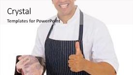  Presentation with butcher - Slides enhanced with cheerful mid age butcher holding best quality meat background and a white colored foreground