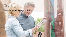  Presentation with aged map - Colorful presentation enhanced with cheerful middle-aged couple reading map in city backdrop and a lemonade colored foreground