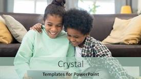  Presentation with living room - Colorful presentation enhanced with cheerful-mixed-race-siblings-sitting backdrop and a soft green colored foreground