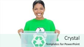  Presentation with plastic recycling - Presentation design consisting of cheerful model wearing recycling tshirt holding plastic box on white background background and a mint green colored foreground