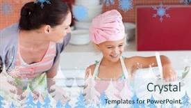  Presentation with snowflakes - Colorful PPT theme enhanced with cheerful mother and her daughter baking in a kitchen against snowflakes and fir trees backdrop and a sky blue colored foreground