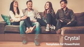  Presentation with multi cultural sports - Audience pleasing PPT theme consisting of cheerful multi-ethnic friends sitting backdrop and a coral colored foreground