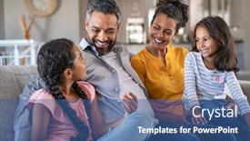  Presentation with family talking - PPT theme featuring cheerful-multiethnic-family-at-home background and a ocean colored foreground