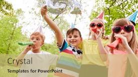  Presentation with children birthday - PPT theme having cheerful-multiracial-children-celebrating-birthday background and a yellow colored foreground