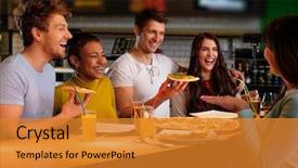  Presentation with pizzeria - Presentation theme consisting of cheerful multiracial friends having fun background and a gold colored foreground