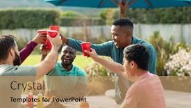  Presentation with food - Presentation design with cheerful-multiracial-male-friends background and a coral colored foreground