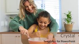  Presentation with food preparation - PPT layouts having cheerful-multiracial-mother-teaching-cute background and a coral colored foreground