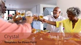  Presentation with assisted living - Slide deck having cheerful-multiracial-senior-friends-toasting background and a red colored foreground