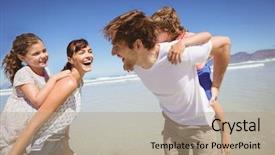  Presentation with children parents - PPT theme consisting of cheerful parents piggybacking their children at beach against clear blue sky background and a coral colored foreground