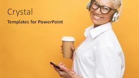  Presentation with pensioner - Presentation design with cheerful-pensioner-woman-with-short background and a  colored foreground