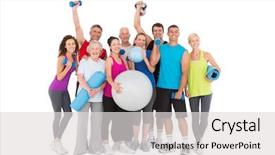  Presentation with cheerful - Theme featuring cheerful people holding exercise equipment background and a light gray colored foreground