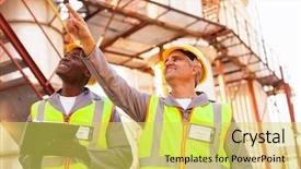  Presentation with petrochemical - Amazing PPT layouts having cheerful petrochemical co-workers working backdrop and a yellow colored foreground