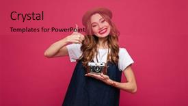  Presentation with lady - Colorful PPT theme enhanced with retro camera isolated over pink backdrop and a red colored foreground