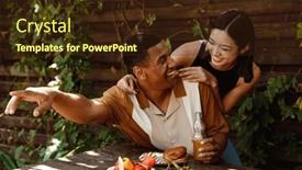  Presentation with dinner - Presentation theme enhanced with cheerful-positive-young-multinational-couple background and a wine colored foreground