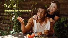  Presentation with dinner - Presentation design consisting of cheerful-positive-young-multinational-couple background and a wine colored foreground