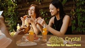  Presentation with burgers - Presentation theme featuring cheerful-positive-young-multinational-friends background and a tawny brown colored foreground