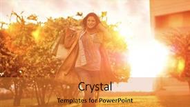  Presentation with happy baby - Theme featuring cheerful pregnant woman with shopping bags in the garden in bright sunny day autumn season sale doing purchase for a baby happy pregnancy period background and a gold colored foreground