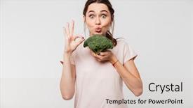  Presentation with pretty girl - Slides featuring cheerful pretty girl holding broccoli background and a lemonade colored foreground