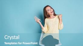  Presentation with blue music - PPT theme enhanced with cheerful pretty girl listening music with earphones and sitting on the chair isolated on a blue background background and a light blue colored foreground