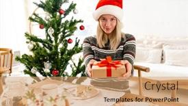  Presentation with pine - Slide deck with cheerful-pretty-woman-wearing-santa background and a coral colored foreground