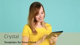  Presentation with light green - Slide set featuring cheerful-pretty-woman-with-tablet background and a yellow colored foreground