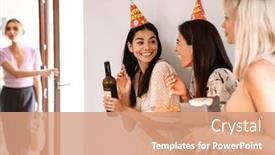  Presentation with women making - Presentation theme featuring cheerful-pretty-women-celebrating-birthday background and a coral colored foreground