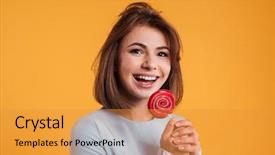  Presentation with lollipop - Audience pleasing PPT theme consisting of cheerful pretty young woman laughing and eating lollipop backdrop and a gold colored foreground