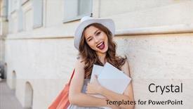  Presentation with magazines - Audience pleasing PPT theme consisting of cheerful pretty young woman in hat with blank covered magazines winking and showing thumbs up backdrop and a soft green colored foreground