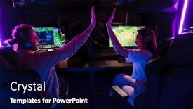  Presentation with tournament - Slide set having cheerful-professional-gamers-giving-high background and a navy blue colored foreground