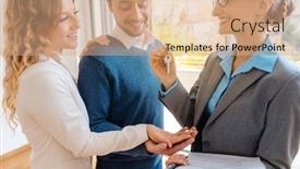  Presentation with house key - PPT theme having cheerful-realtor-giving-house-key background and a coral colored foreground