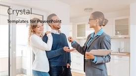  Presentation with realtor - Slide deck enhanced with cheerful-realtor-giving-house-key background and a soft green colored foreground
