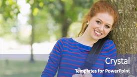  Presentation with college campus - Amazing slide set having cheerful redhead student leaning against a tree on college campus backdrop and a ocean colored foreground