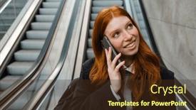  Presentation with backpack - Presentation theme consisting of cheerful-redhead-woman-with-backpack background and a tawny brown colored foreground