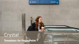  Presentation with coffee music - PPT theme having cheerful-redhead-woman-with-backpack background and a gray colored foreground