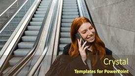  Presentation with backpack - PPT theme consisting of cheerful-redhead-woman-with-backpack background and a tawny brown colored foreground