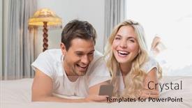  Presentation with text message - Presentation theme with cheerful relaxed casual young couple reading text message in bed at home background and a coral colored foreground