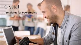  Presentation with cheerful - Slide deck with cheerful reporter working in office background and a coral colored foreground