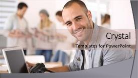  Presentation with cheerful - Slide deck with cheerful reporter working in office background and a coral colored foreground