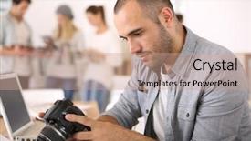  Presentation with report - PPT theme enhanced with cheerful reporter working in office background and a coral colored foreground